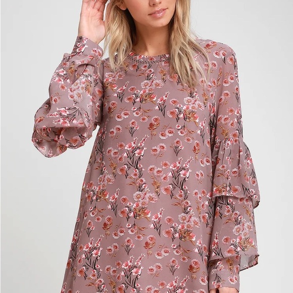 Lulus Day Date Mauve Floral Print Tiered Flounce Sleeve Mini Dress - Picture 3 of 4